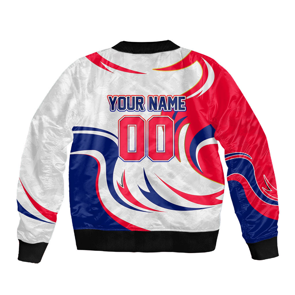 Personalized Haiti Football Champions Sleeve Zip Bomber Jacket Roaring Lion Soccer Mascot With Haiti Trophy Flag