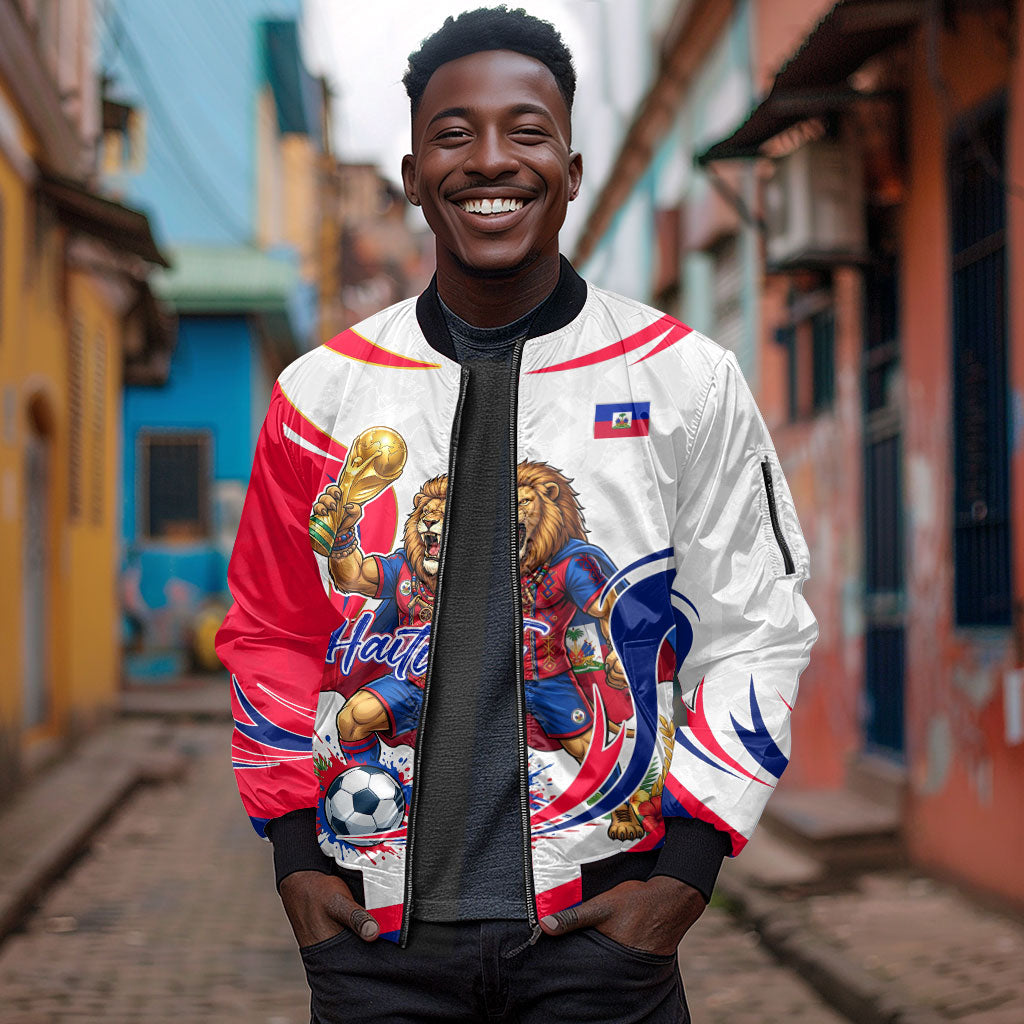 Personalized Haiti Football Champions Sleeve Zip Bomber Jacket Roaring Lion Soccer Mascot With Haiti Trophy Flag