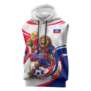 Personalized Haiti Football Champions Sleeveless Hoodie Roaring Lion Soccer Mascot With Haiti Trophy Flag