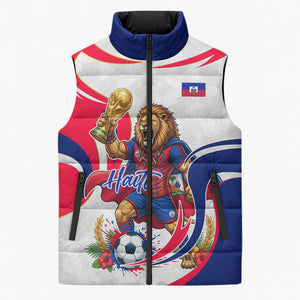 Personalized Haiti Football Champions Sleeveless Puffer Jacket Roaring Lion Soccer Mascot With Haiti Trophy Flag