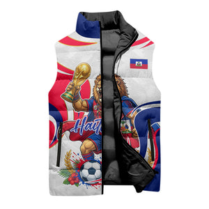 Personalized Haiti Football Champions Sleeveless Puffer Jacket Roaring Lion Soccer Mascot With Haiti Trophy Flag
