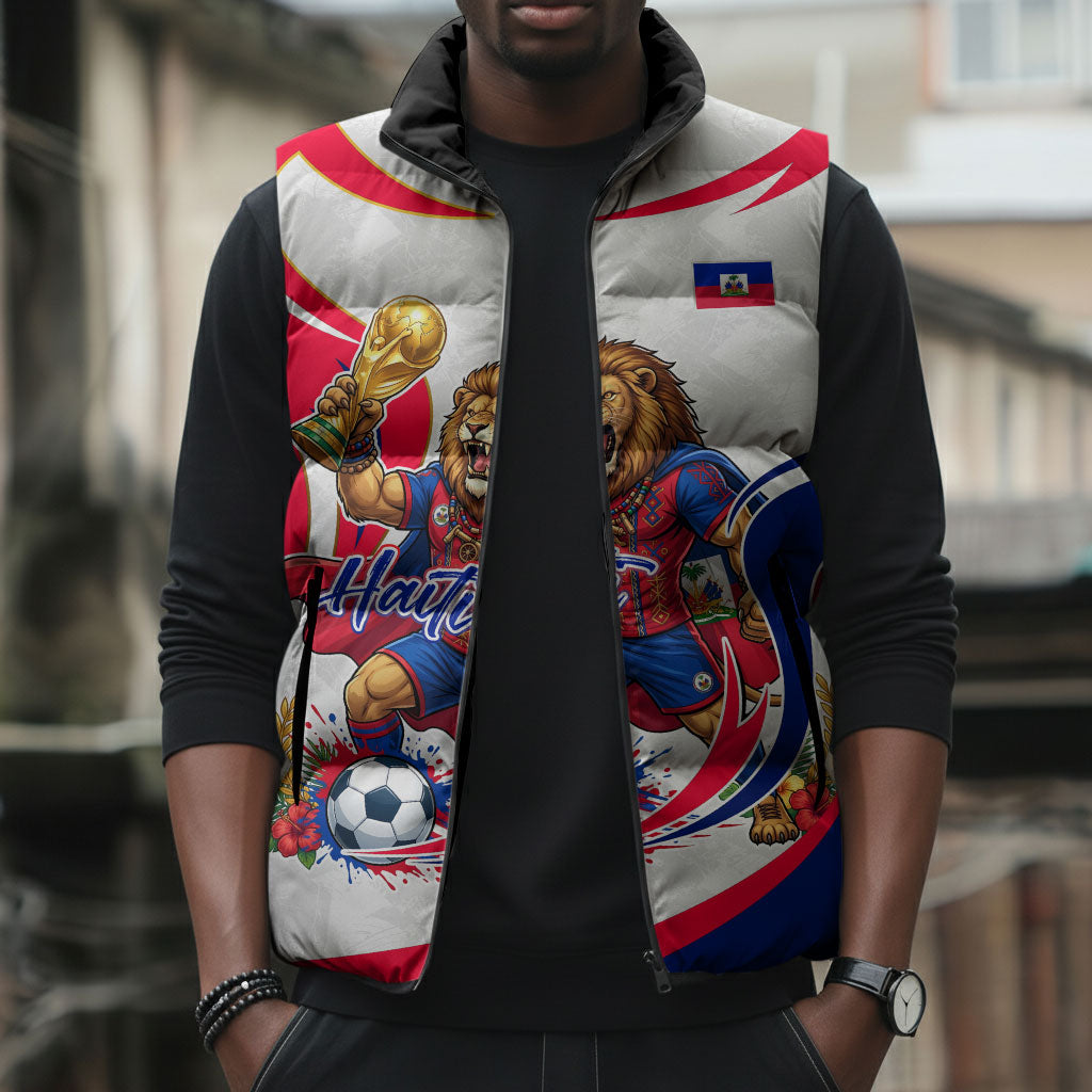 Personalized Haiti Football Champions Sleeveless Puffer Jacket Roaring Lion Soccer Mascot With Haiti Trophy Flag