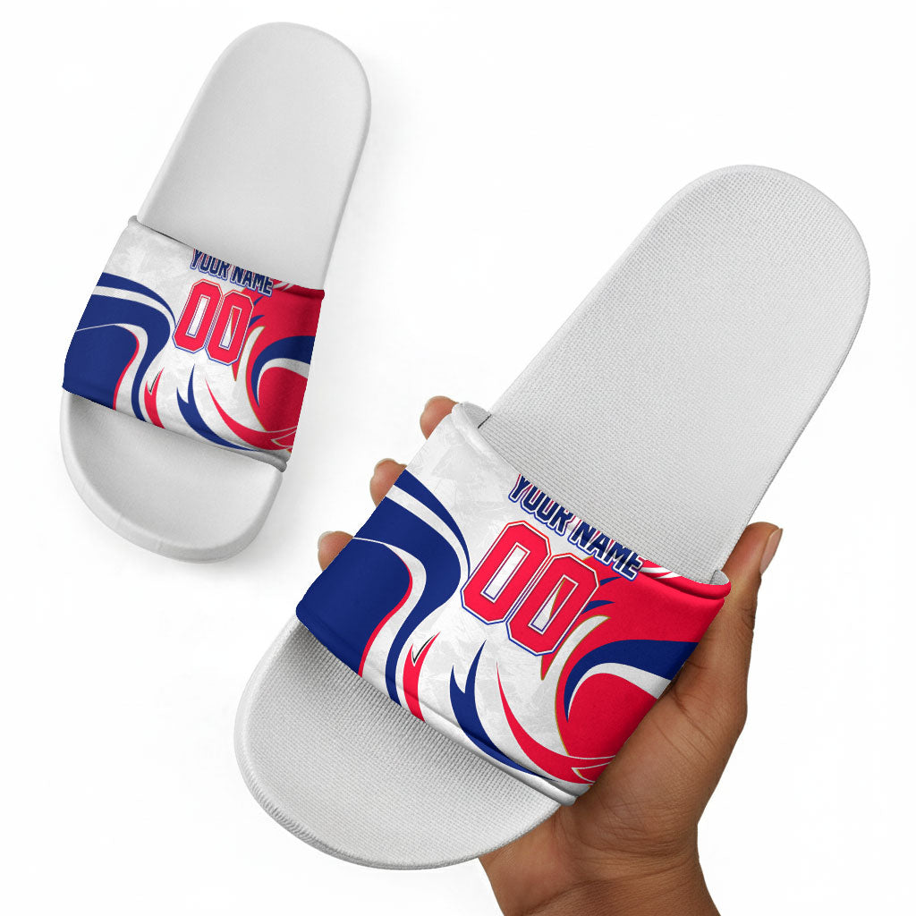 Personalized Haiti Football Champions Slide Sandals Roaring Lion Soccer Mascot With Haiti Trophy Flag