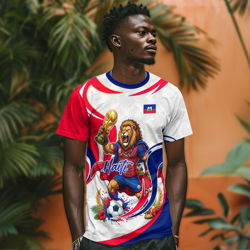 Personalized Haiti Football Champions T shirt Roaring Lion Soccer Mascot With Haiti Trophy Flag