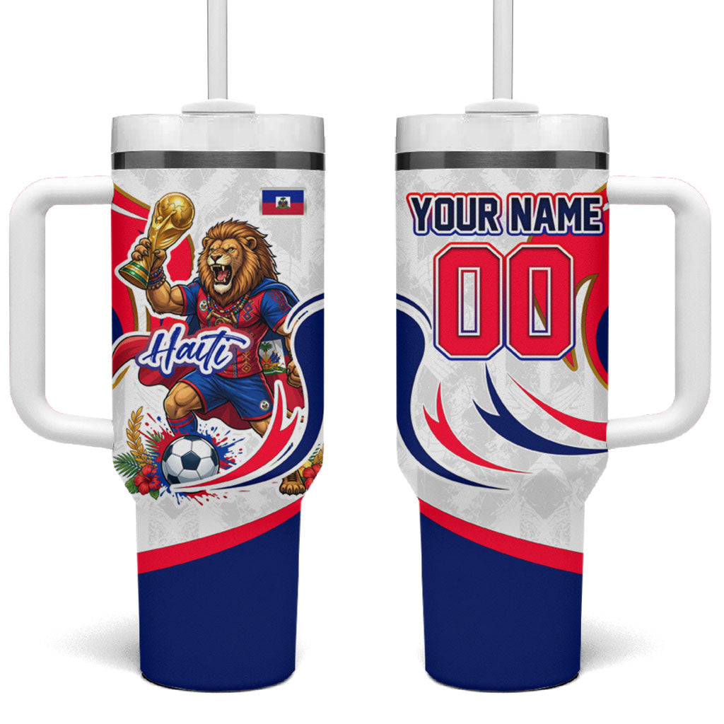 Personalized Haiti Football Champions Tumbler With Handle Roaring Lion Soccer Mascot With Haiti Trophy Flag