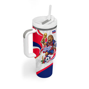 Personalized Haiti Football Champions Tumbler With Handle Roaring Lion Soccer Mascot With Haiti Trophy Flag