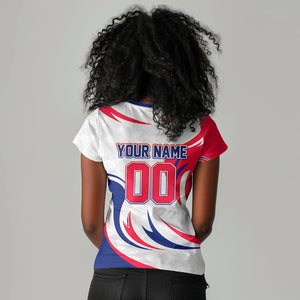 Personalized Haiti Football Champions Women V-Neck T-Shirt Roaring Lion Soccer Mascot With Haiti Trophy Flag