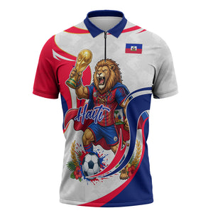 Personalized Haiti Football Champions Zipper Polo Shirt Roaring Lion Soccer Mascot With Haiti Trophy Flag