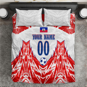 Custom Haiti Football Champions Bedding Set Haitian Soccer Fan - Tanbou Drums Tropical Flowers