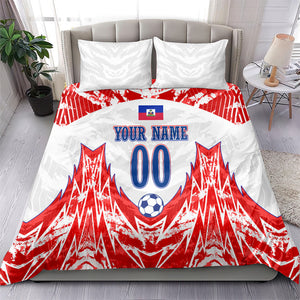 Custom Haiti Football Champions Bedding Set Haitian Soccer Fan - Tanbou Drums Tropical Flowers