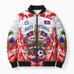 Custom Haiti Football Champions Bomber Puffer Jacket Haitian Soccer Fan - Tanbou Drums Tropical Flowers
