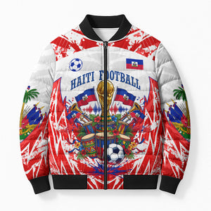 Custom Haiti Football Champions Bomber Puffer Jacket Haitian Soccer Fan - Tanbou Drums Tropical Flowers