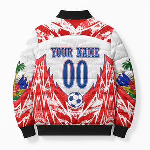 Custom Haiti Football Champions Bomber Puffer Jacket Haitian Soccer Fan - Tanbou Drums Tropical Flowers