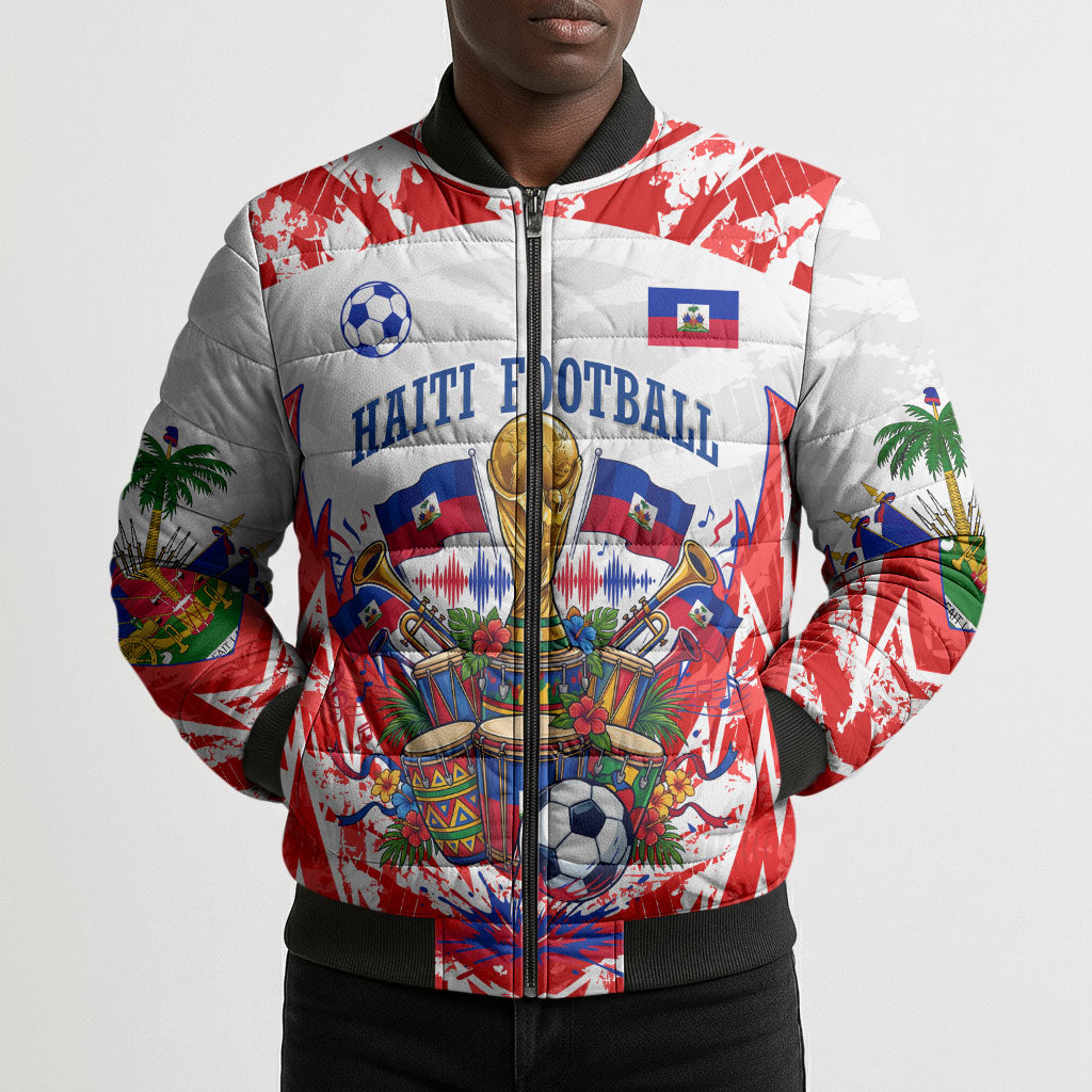 Custom Haiti Football Champions Bomber Puffer Jacket Haitian Soccer Fan - Tanbou Drums Tropical Flowers