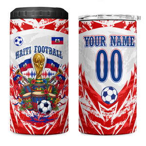 Custom Haiti Football Champions 4 in 1 Can Cooler Tumbler Haitian Soccer Fan - Tanbou Drums Tropical Flowers