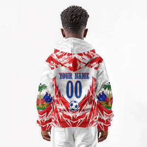 Custom Haiti Football Champions Kid Hoodie Haitian Soccer Fan - Tanbou Drums Tropical Flowers