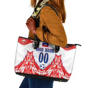 Custom Haiti Football Champions Leather Tote Bag Haitian Soccer Fan - Tanbou Drums Tropical Flowers