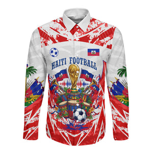 Custom Haiti Football Champions Long Sleeve Button Shirt Haitian Soccer Fan - Tanbou Drums Tropical Flowers