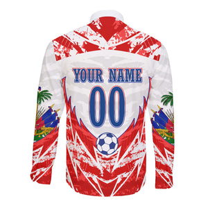 Custom Haiti Football Champions Long Sleeve Button Shirt Haitian Soccer Fan - Tanbou Drums Tropical Flowers