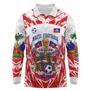 Custom Haiti Football Champions Long Sleeve Polo Shirt Haitian Soccer Fan - Tanbou Drums Tropical Flowers