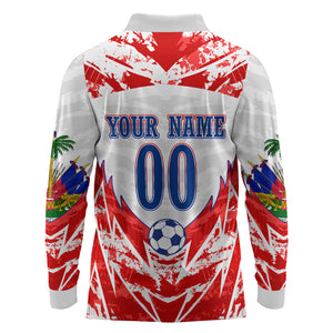 Custom Haiti Football Champions Long Sleeve Polo Shirt Haitian Soccer Fan - Tanbou Drums Tropical Flowers
