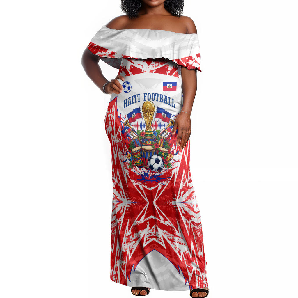 Custom Haiti Football Champions Off Shoulder Maxi Dress Haitian Soccer Fan - Tanbou Drums Tropical Flowers