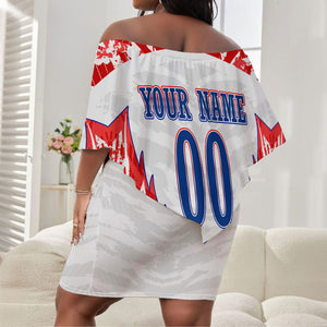 Custom Haiti Football Champions Off Shoulder Short Dress Haitian Soccer Fan - Tanbou Drums Tropical Flowers