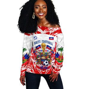 Custom Haiti Football Champions Off Shoulder Sweater Haitian Soccer Fan - Tanbou Drums Tropical Flowers
