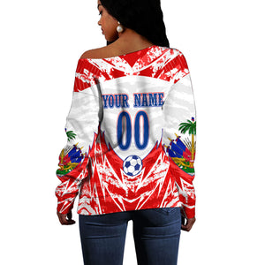 Custom Haiti Football Champions Off Shoulder Sweater Haitian Soccer Fan - Tanbou Drums Tropical Flowers
