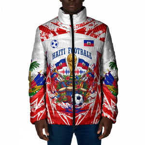 Custom Haiti Football Champions Padded Jacket Haitian Soccer Fan - Tanbou Drums Tropical Flowers