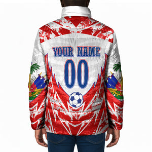 Custom Haiti Football Champions Padded Jacket Haitian Soccer Fan - Tanbou Drums Tropical Flowers