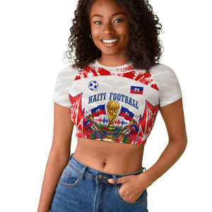 Custom Haiti Football Champions Raglan Cropped T shirt Haitian Soccer Fan - Tanbou Drums Tropical Flowers