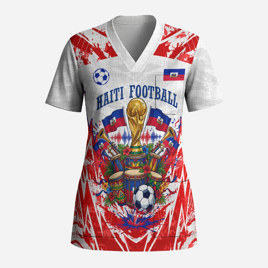 Custom Haiti Football Champions Scrub Top Haitian Soccer Fan - Tanbou Drums Tropical Flowers