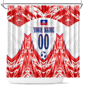 Custom Haiti Football Champions Shower Curtain Haitian Soccer Fan - Tanbou Drums Tropical Flowers