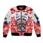 Custom Haiti Football Champions Sleeve Zip Bomber Jacket Haitian Soccer Fan - Tanbou Drums Tropical Flowers
