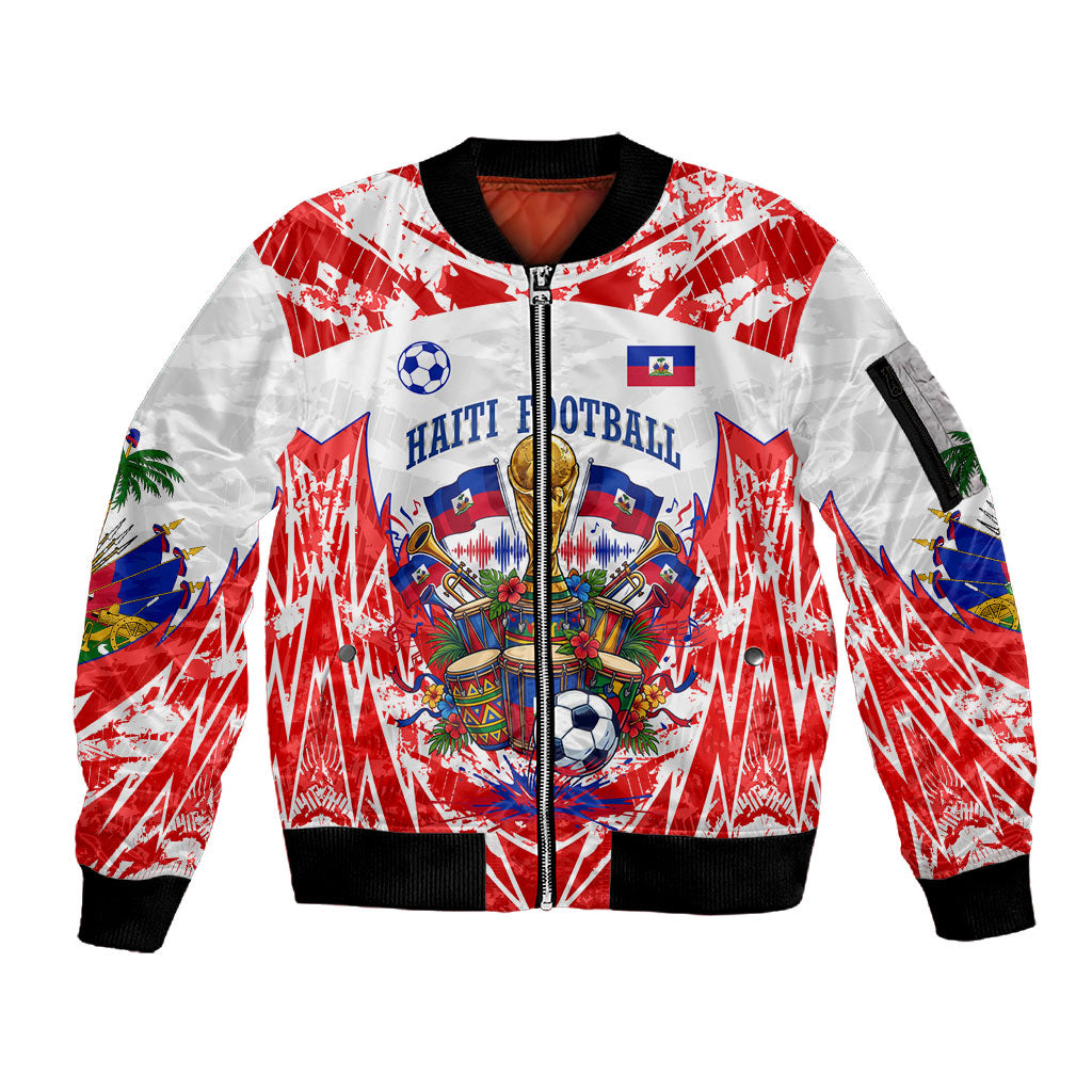 Custom Haiti Football Champions Sleeve Zip Bomber Jacket Haitian Soccer Fan - Tanbou Drums Tropical Flowers