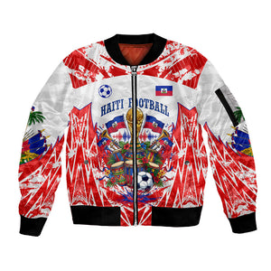 Custom Haiti Football Champions Sleeve Zip Bomber Jacket Haitian Soccer Fan - Tanbou Drums Tropical Flowers