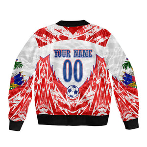 Custom Haiti Football Champions Sleeve Zip Bomber Jacket Haitian Soccer Fan - Tanbou Drums Tropical Flowers