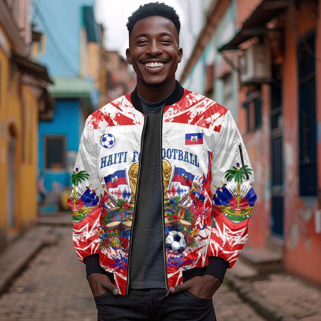 Custom Haiti Football Champions Sleeve Zip Bomber Jacket Haitian Soccer Fan - Tanbou Drums Tropical Flowers