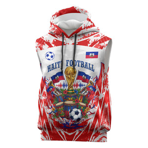 Custom Haiti Football Champions Sleeveless Hoodie Haitian Soccer Fan - Tanbou Drums Tropical Flowers
