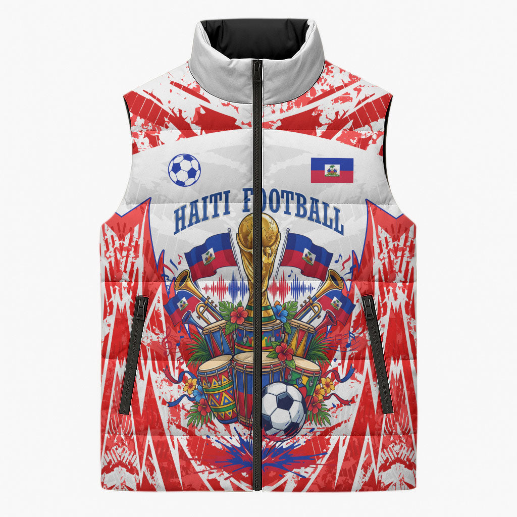 Custom Haiti Football Champions Sleeveless Puffer Jacket Haitian Soccer Fan - Tanbou Drums Tropical Flowers