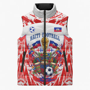 Custom Haiti Football Champions Sleeveless Puffer Jacket Haitian Soccer Fan - Tanbou Drums Tropical Flowers
