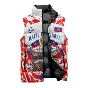Custom Haiti Football Champions Sleeveless Puffer Jacket Haitian Soccer Fan - Tanbou Drums Tropical Flowers