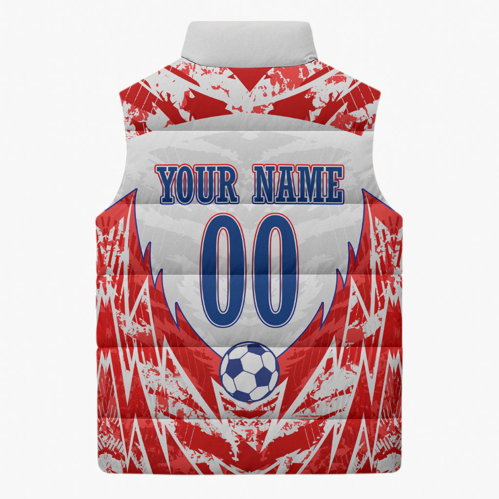 Custom Haiti Football Champions Sleeveless Puffer Jacket Haitian Soccer Fan - Tanbou Drums Tropical Flowers
