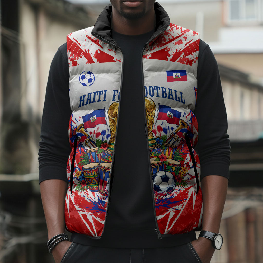 Custom Haiti Football Champions Sleeveless Puffer Jacket Haitian Soccer Fan - Tanbou Drums Tropical Flowers