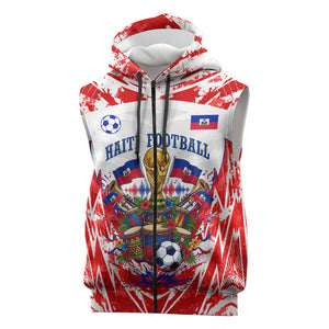 Custom Haiti Football Champions Sleeveless Zip Hoodie Haitian Soccer Fan - Tanbou Drums Tropical Flowers