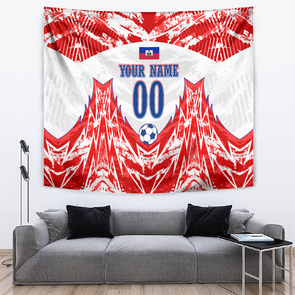 Custom Haiti Football Champions Tapestry Haitian Soccer Fan - Tanbou Drums Tropical Flowers