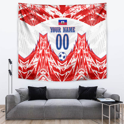 Custom Haiti Football Champions Tapestry Haitian Soccer Fan - Tanbou Drums Tropical Flowers