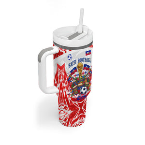 Custom Haiti Football Champions Tumbler With Handle Haitian Soccer Fan - Tanbou Drums Tropical Flowers