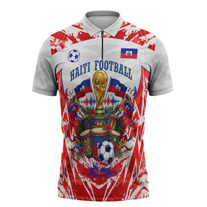 Custom Haiti Football Champions Zipper Polo Shirt Haitian Soccer Fan - Tanbou Drums Tropical Flowers